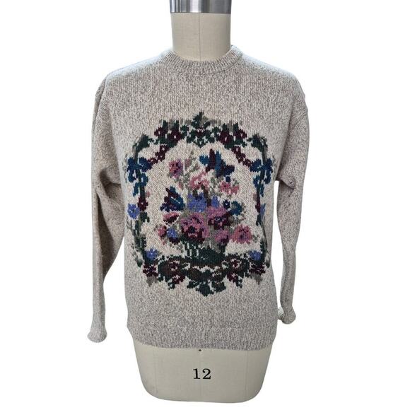 Vtg 80s Eddie Bauer Wool Blend Sweater  Flower Basket/Wreath Design Sz L - Picture 1 of 4